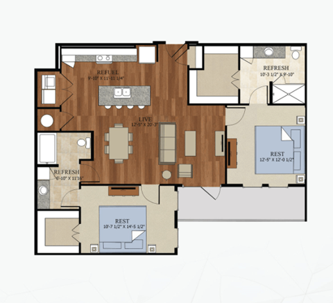 Floor plan for 2 beds, 2 baths, 1190 sqft